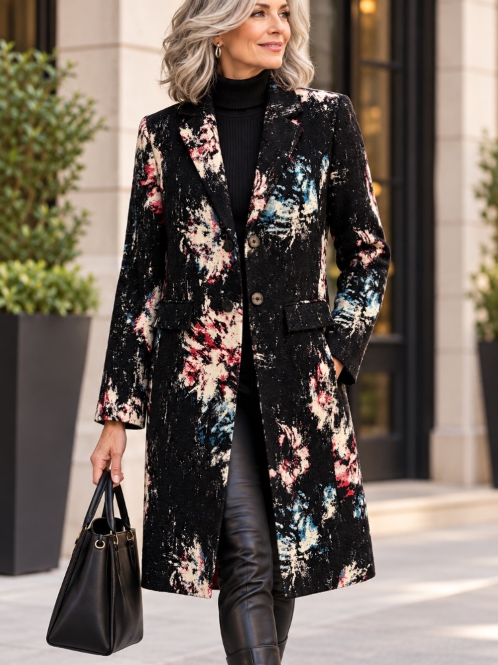 Classiques Entier Chevron Jacquard Wool Silk Topper Coat Black Size M